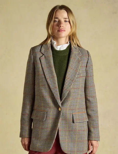 Joules Tweed Relaxed Fit Blazer with Wool Brown Mix