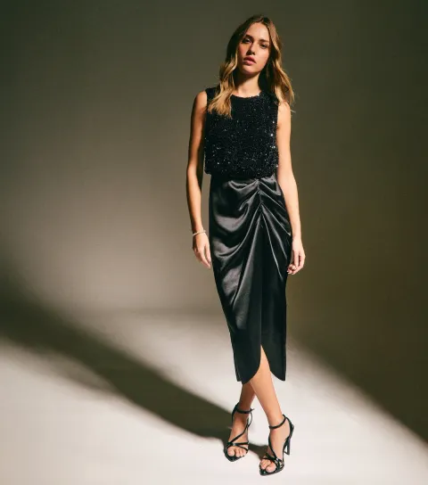 Women's Black Sequin 2 in 1 Midi Dress