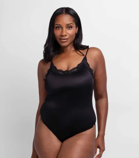 Women's Black Shiny Lace Trimmed Bodysuit