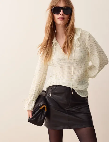 Per Una Striped Ruffle Tie Neck Blouse Ecru Mix