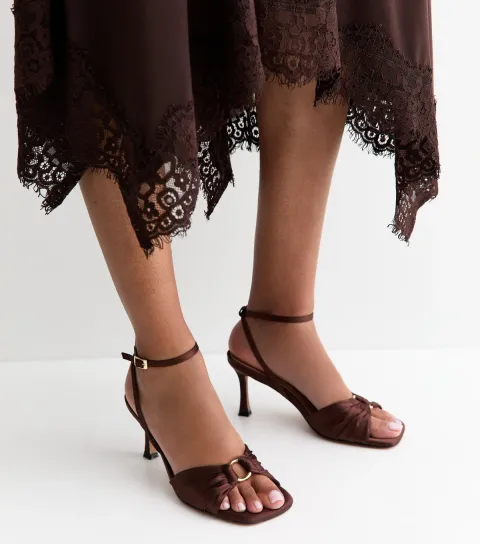 Women's Dark Brown Ring Detail Satin Stiletto Sandals Vegan