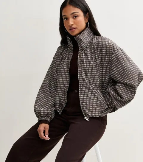New Look Women's Petite Brown Check Pattern Balloon Sleeves Zip Front Jacket