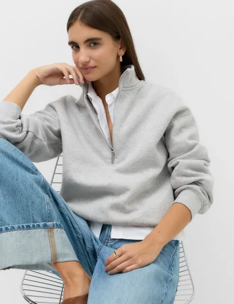 Marks & Spencer Pure Cotton Premium Half Zip Ultimate Sweatshirt Grey