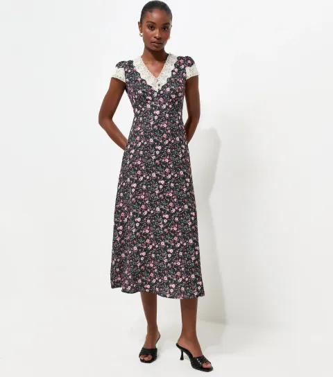 Women's Navy Ditsy Floral Lace Insert Tea Midi Dress