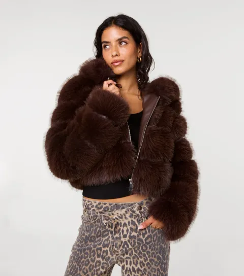Women's Dark Brown Faux Fur Pelted Hooded Jacket