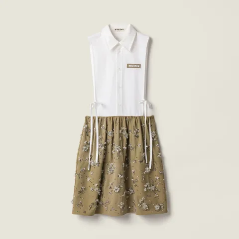 Embroidered poplin and chino mini-dress
