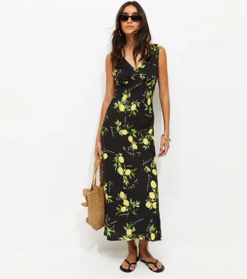 Women's Black Lemon Print V-Neck Midi Dress