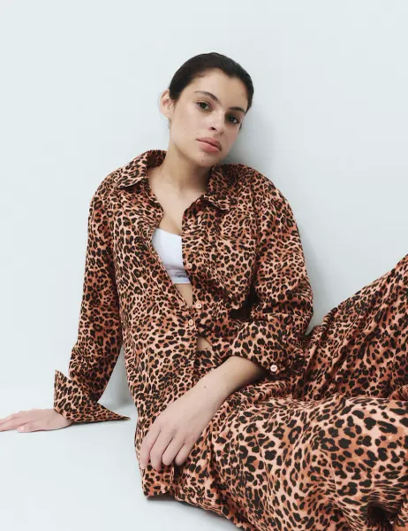 Marks & Spencer Pure Cotton Animal Print Pyjama Top Brown Mix