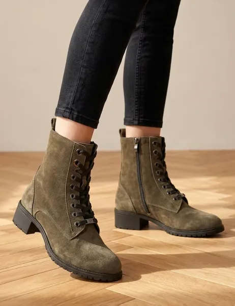 Jones Bootmaker Leather Lace Up Block Heel Ankle Boots Olive