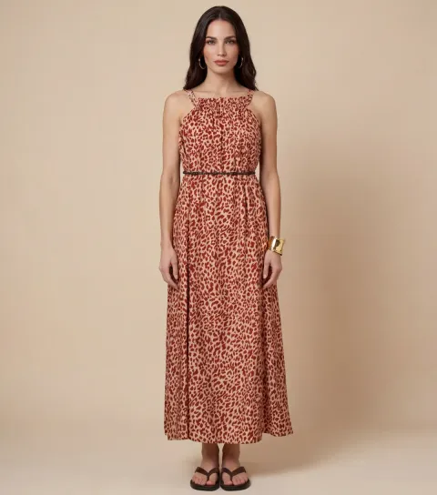 Women's Orange Animal Print Metallic Maxi Dress