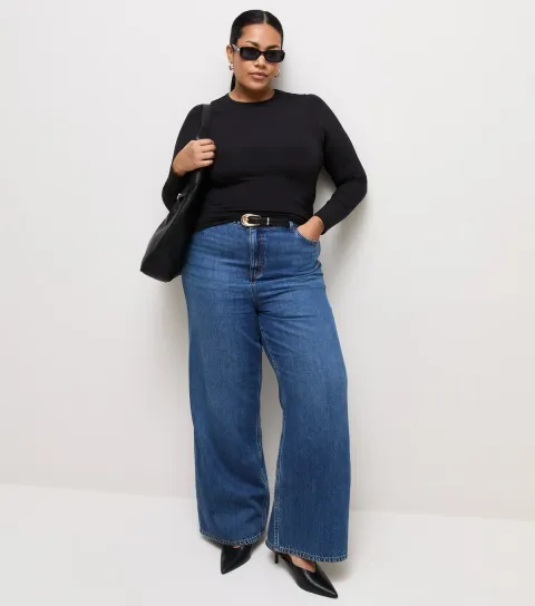 Women's Plus Size Black Jersey Long Sleeve Crew Neck Top Curves