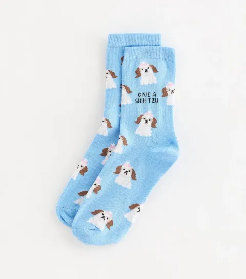 Blue Cotton Rich Give A Shitzu Dog Pattern Socks