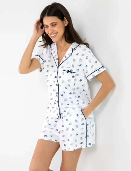 Pour Moi Pure Cotton Shell Print Revere Shortie Set White Mix