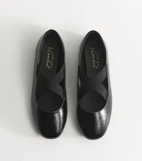 New Look Women's Wide Fit Black Faux Leather Crossover Strap Mary Jane Flats Vegan