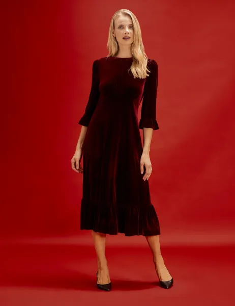 Finery London Velvet Frill Sleeve Midi Tea Dress Burgundy
