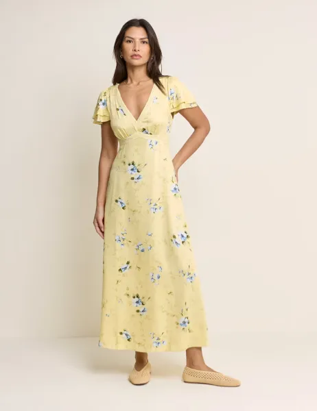 Nobody's Child Floral V-Neck Midaxi Waisted Dress Yellow Mix