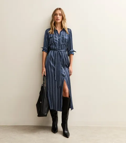 Women's Blue Satin Striped Midi Shirt Dress