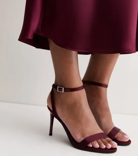 New Look Women's Dark Burgundy Satin Strappy Stiletto Sandals Vegan