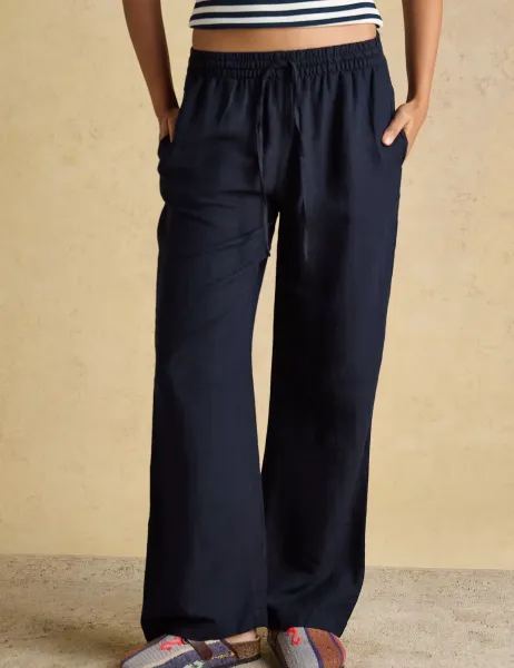Joules Linen Blend Wide Leg Trousers Navy
