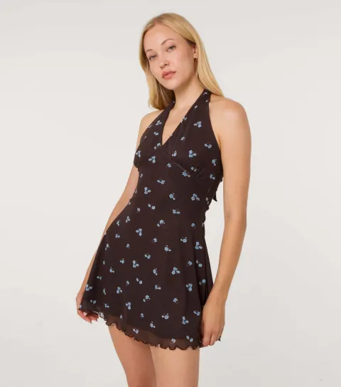 Women's Dark Brown Floral Dot Mesh Halter Neck Dress