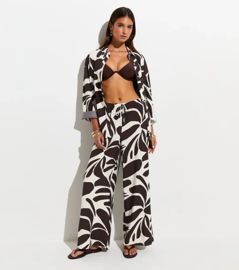 Women's Brown Leaf Print Chiffon Beach Trousers