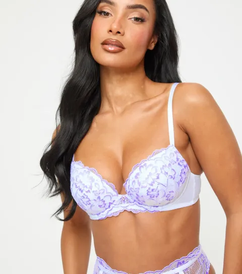 Women's Lilac Sexy Lace Padded Plunge Bra