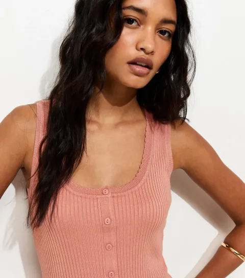 New Look Women's Pink Ribbed Knit Scoop Neck Button Front Vest Top