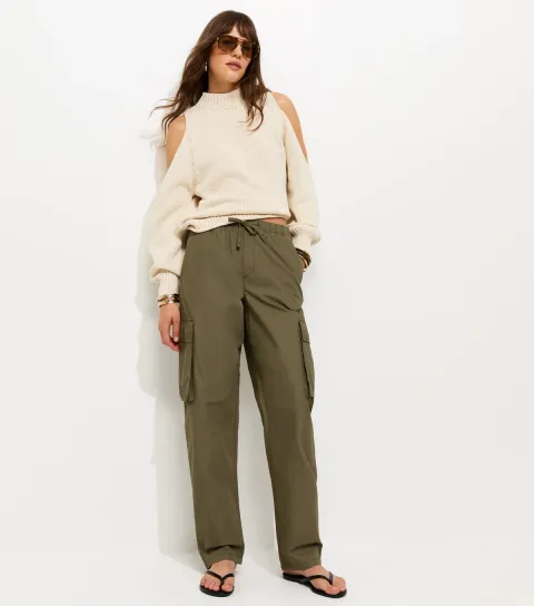 Women's Tall Dark Khaki Cotton Utility Cargo Trousers
