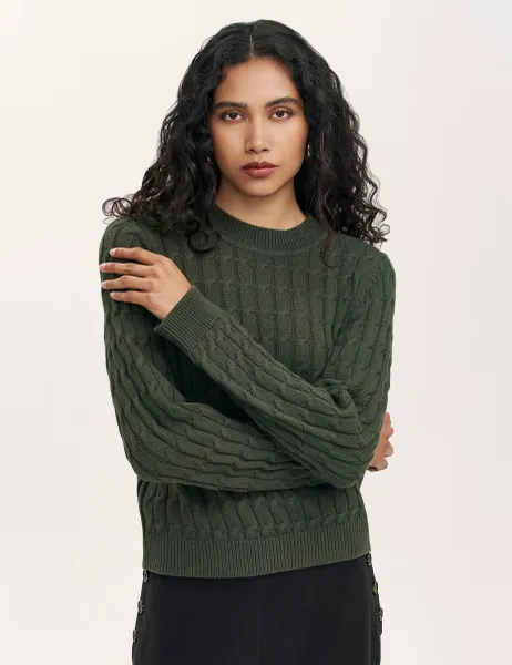 Finery London Pure Cotton Cable Knit Crew Neck Jumper Green