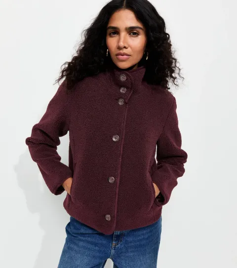 Women's Burgundy Funnel Neck Borg Textured Buttoned Jacket