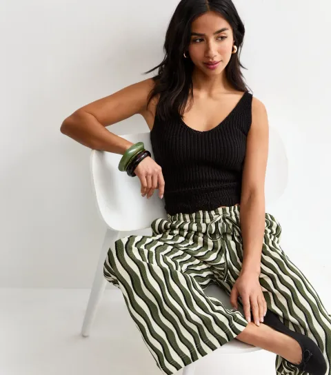 Women's Petite Khaki Wave Crinkle Jersey Wide Leg Trousers
