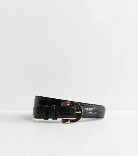 Black Faux Leather Crocodile Textured Resin Buckle Belt