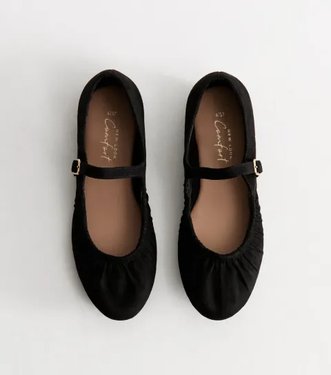 New Look Women's Black Faux Suede Ruched Mary Jane Ballet Flats Vegan