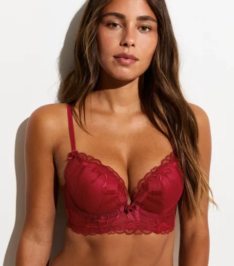 Women's Bright Red Bow Embroidered Longline Push Up Bra