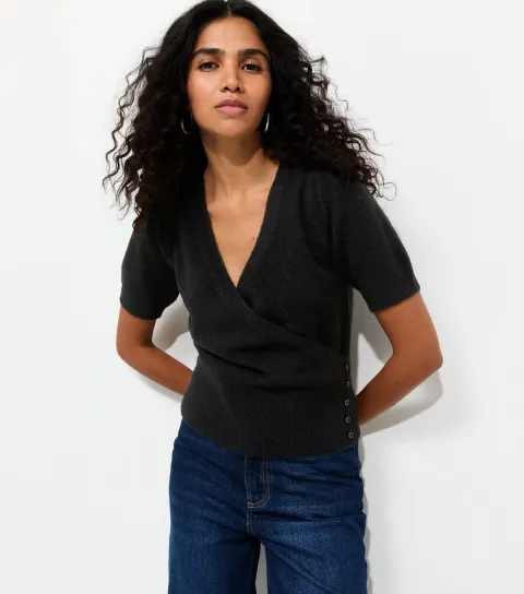 Women's Black Wrap Front Puff Sleeve Knitted Top