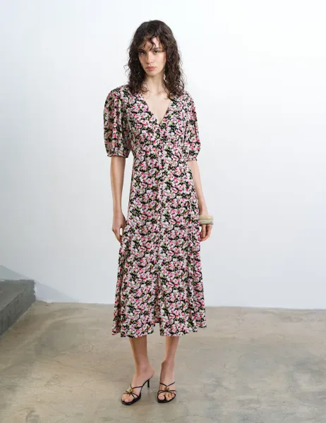 French Connection Floral V-Neck Puff Sleeve Midi Tea Dress Multi