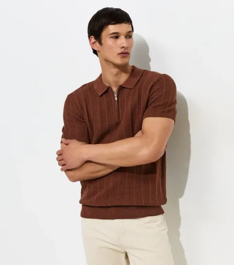 Men's Dark Brown Cotton Rich Regular Fit Vertical Texture Zip Polo Shirt