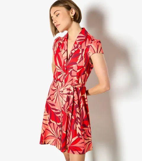 Women's Red Tropical Leaf Print Mini Shirt Dress