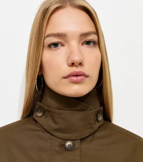 Women's Dark Khaki Contrast Trim Funnel Neck Barn Jacket