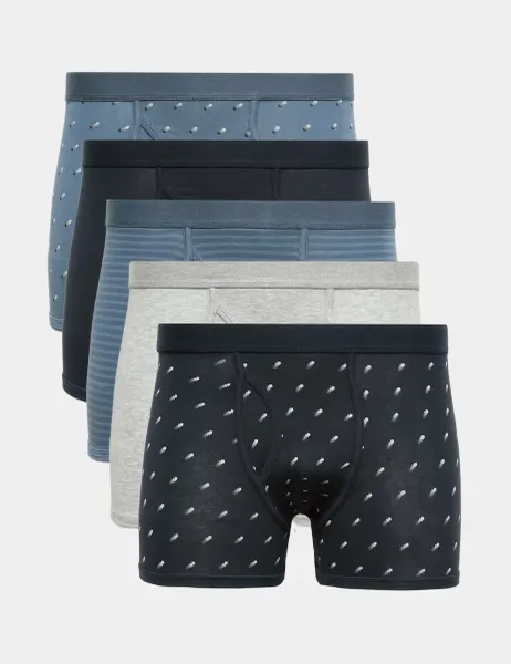 Marks & Spencer 5 Pack Cotton Stretch Geo Print Trunks Blue Mix