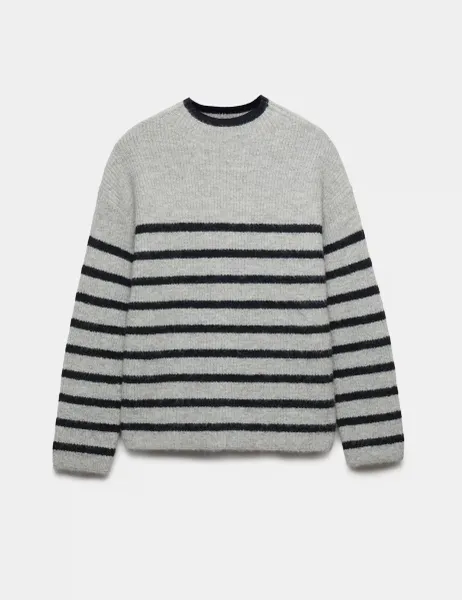 Marks & Spencer Striped Crew Neck Longline Jumper with Wool Grey Mix