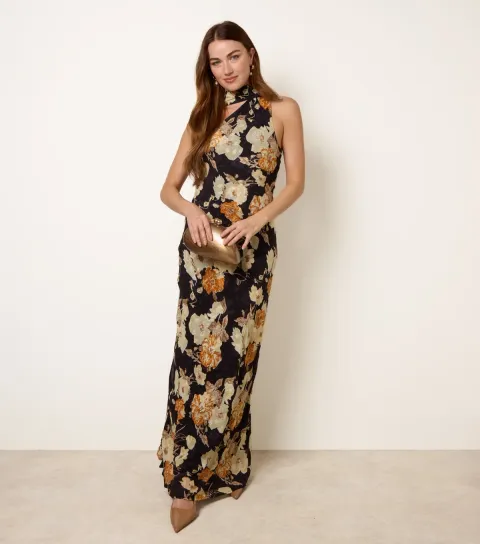 Women's Black Floral Halter Neck Maxi Dress