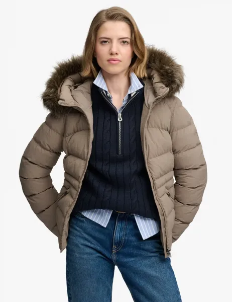 Superdry & Co Hooded Faux Fur Trim Puffer Jacket Brown