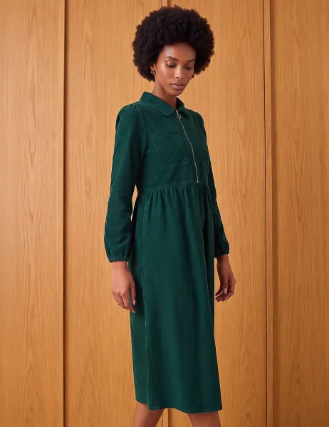 Roman Cord Collared Zip Up Midi Dress Dark Green