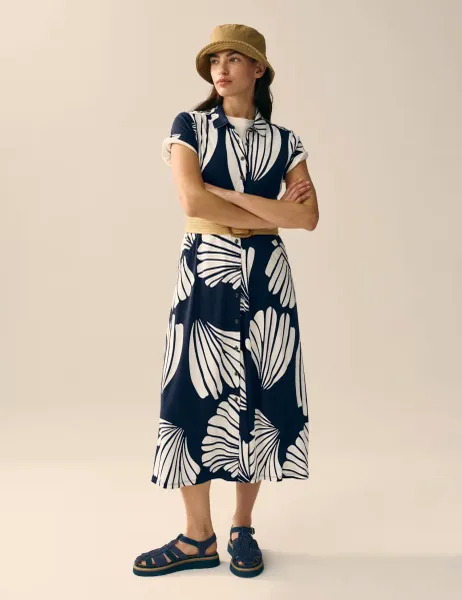 White Stuff Cotton Blend Heart Print Midi Shirt Dress Navy Mix