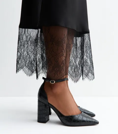 Women's Wide Fit Black Crocodile Faux Leather Buckle Strap Pumps Vegan