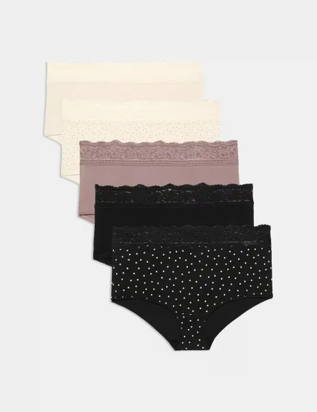 Marks & Spencer 5pk Cotton Lycra & Lace High Rise Short Praline