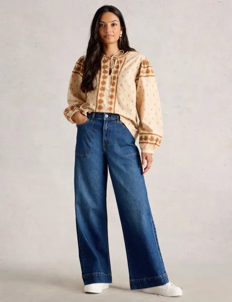 Mid Rise Wide Leg Jeans Dark Blue Denim