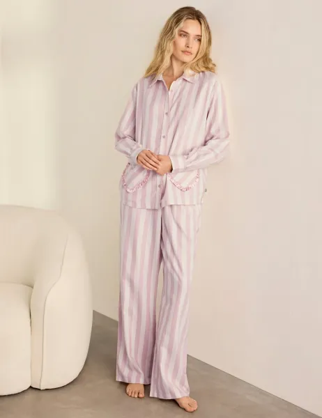 Chelsea Peers Cotton Striped Heart Pockets Long Sleeve Button Pyjama Set Light Pink