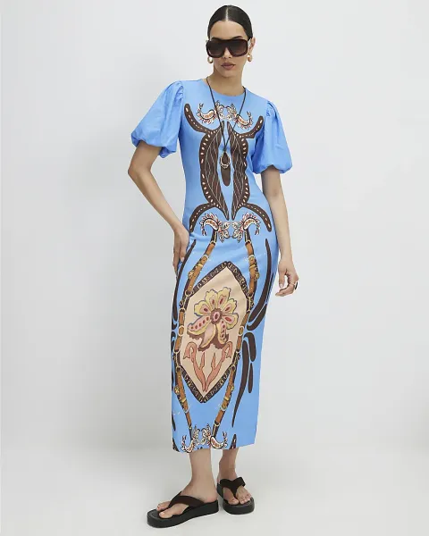 River Island Puff Sleeve Textured Midi Dress